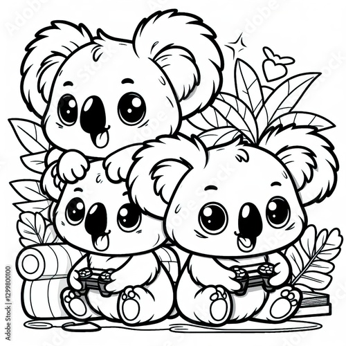 Coloring book cute koalas playing video games Cartoon style, ai generative
