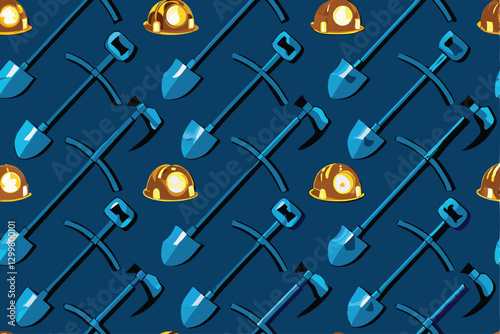 Create a seamless vector pattern featuring various mining tools like pickaxes, shovels, drills, and lamps, designed for industrial or background use.