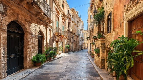 Charming Narrow Street with Historic Architecture and Green Plants