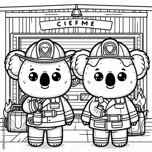 Coloring book koala firefighters in front of a fire station. Cute cartoon style, black and white line art, ai generative
