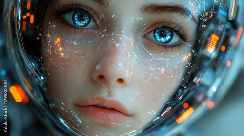 Close-up portrait of a futuristic woman's face inside a transparent helmet, glowing with digital elements.