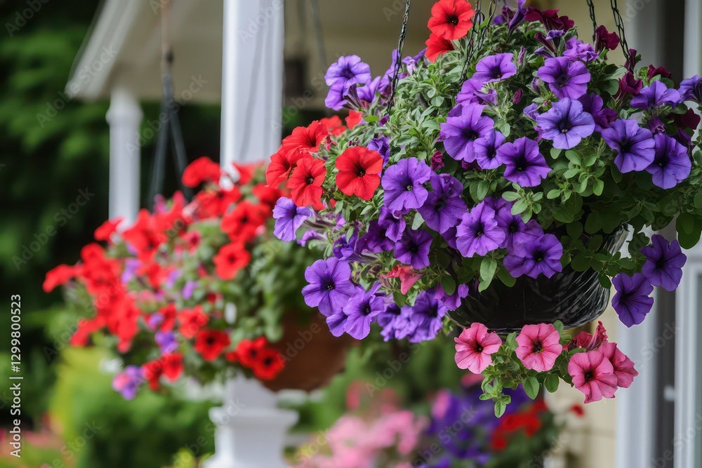 Fototapeta premium A garden scene with red and purple petunia flowers in hanging pots, brightening up a front or back porch area.