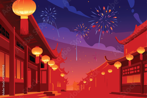 A tranquil nighttime scene of a traditional Chinese village bathed in warm, soft light; lanterns illuminate serene houses and pathways.