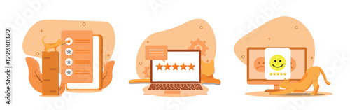 Feedback illustration set. Giving stars and review. Recieved five stars rating. Emojismile satisfaction customer. Flat style vector illustration