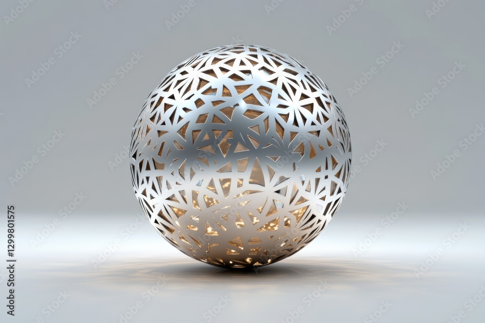 A silver sphere with intricate laser-cut geometric patterns creates a captivating three-dimensional design. A silver sphere with intricate laser-cut geometric patterns creates a captivating three-dimensional design.