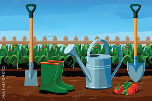 A vibrant close-up shot of a collection of gardening tools various sized watering cans, sturdy shovels, and durable garden gloves, arranged aesthetically.