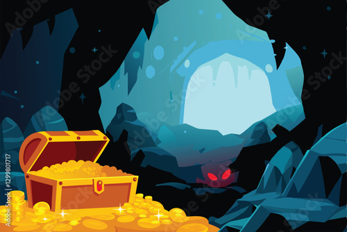 Render a dark, mysterious cave overflowing with glittering gold coins, jewels, and ancient artifacts.  Shadows obscure much of the detail, creating a sense of hidden wealth.