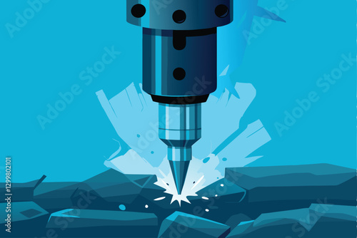 A close-up side profile of a powerful mining drill actively cutting through rock, showcasing its robust mechanics and dust cloud.