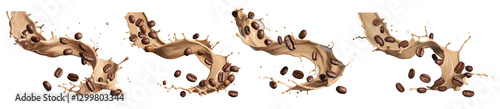 Set of Coffee Beans and Cream Splash Isolated on White photo