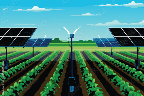 A meticulously organized solar-powered irrigation system efficiently watering crops in a neatly arranged agricultural field, showcasing sustainable farming technology.