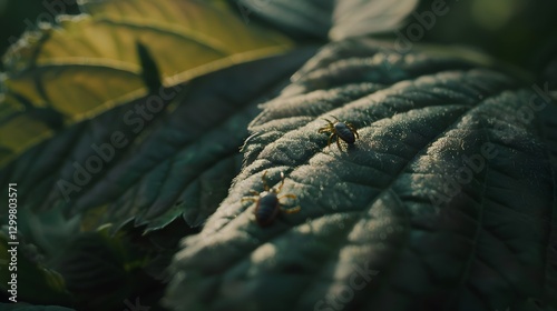 Close-up of a Tick on a Leaf with Blurred Green Forest Background, Symbolizing Tick-Borne Disease Risk, Natural Light, Macro Photography, Copy Space for Text