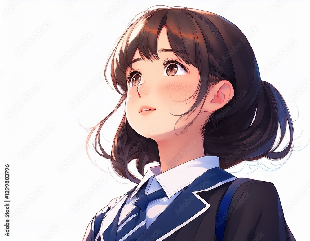 制服を着た女子高校生が空を見つめるイラスト。AIで生成