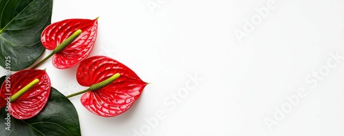 Anthurium Flowers Arranged on a White Background a Botanical Still Life Composition with Copy Space