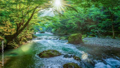 日本の緑あふれる森林の山中　流れる川・清流の流れと差し込む太陽の日差しの背景　苔むした岩肌・夏春の季節の自然の風景