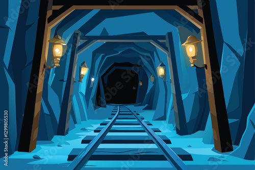 Create a stylized vector background depicting a network of mining tunnels, emphasizing depth and texture with glowing mineral veins.