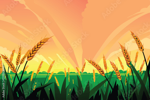 Vibrant sunrise illuminating a vast, undulating field of ripe golden wheat, bathed in warm, early morning light.