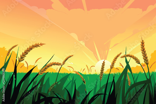 Vibrant sunrise illuminating a vast, undulating field of ripe golden wheat, bathed in soft, warm light.