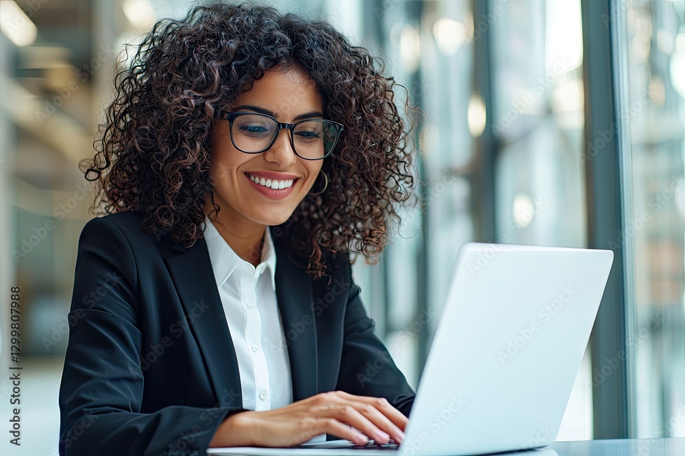 A professional woman with curly hair smiles while working on a laptop in a modern office environment. A professional woman with curly hair smiles while working on a laptop in a modern office environment.