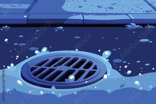 Create a vector illustration of a sewer overflowing with wastewater, depicting pollution and urban decay.  Show gushing, murky water and debris.