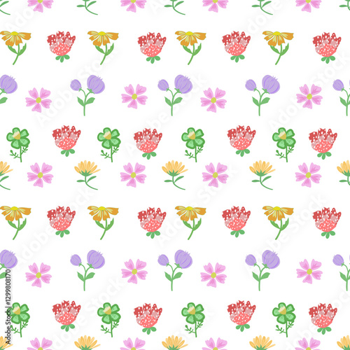 Wallpaper Mural Floral Pattern Seamless Background, 
Cute Flower Repeat Design, 
Colorful Flower Pattern Image, 
Seamless Floral Pattern with Pink, Purple, Yellow Flowers, 
Hand-Drawn Style Flower Repeat Design Torontodigital.ca