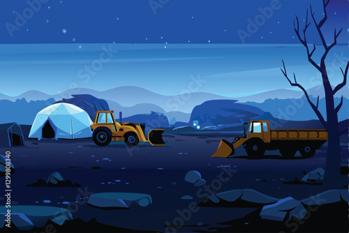 Create a detailed vector illustration of a desolate, remote mining camp nestled in a rugged mountain landscape at twilight, featuring mining equipment and dilapidated buildings.