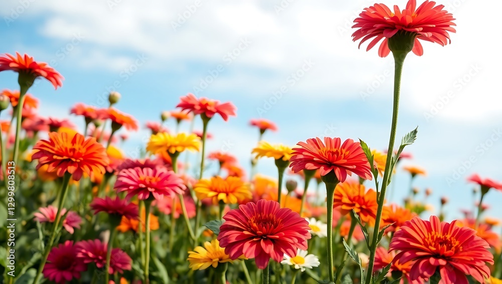 Obraz premium Colorful Zinnia Flowers in Sunlit Summer Garden - Ultra Wide Banner, Generative AI