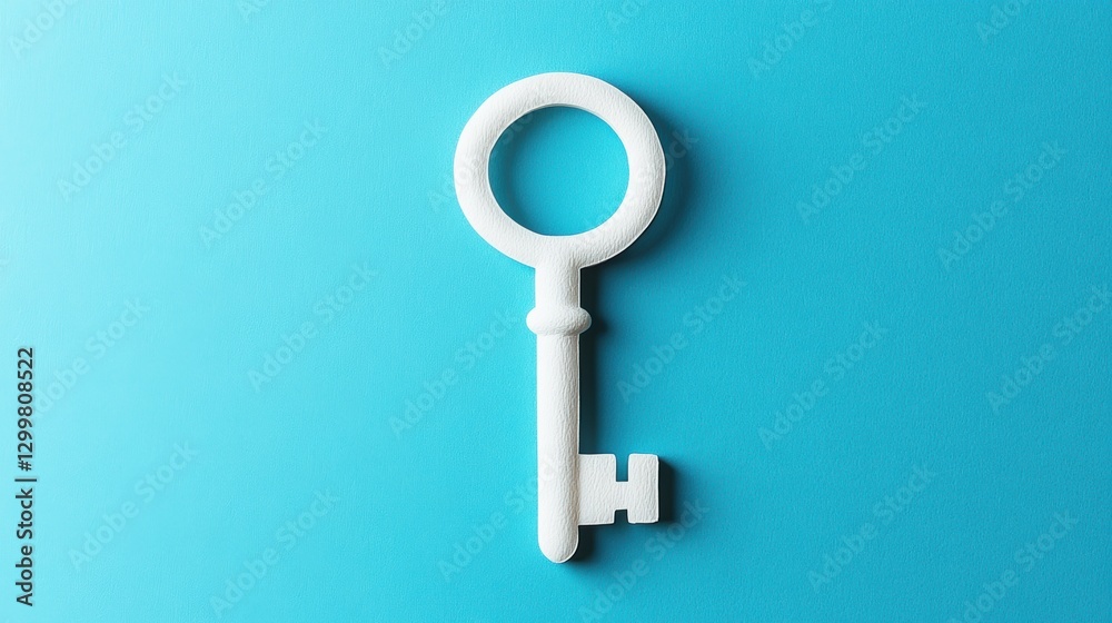 White Key on Blue Background, Minimalist Key Concept for Design White Key on Blue Background, Minimalist Key Concept for Design