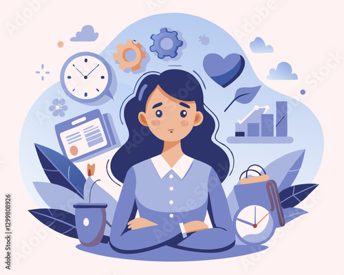 Stressed Businesswoman Surrounded by Work and Stress Factor Icons – Vector Illustration