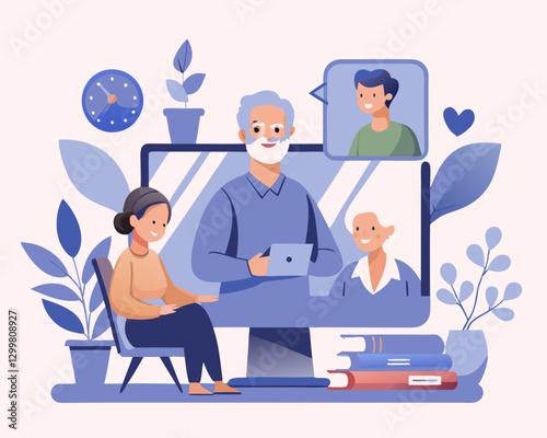 Video Call Concept – Man Talking to Elderly Parents via Computer from Home – Vector Illustration