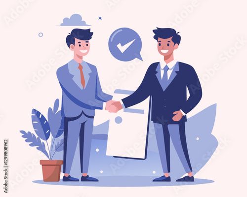 Business Handshake with Signed Contract in Background – Vector Illustration