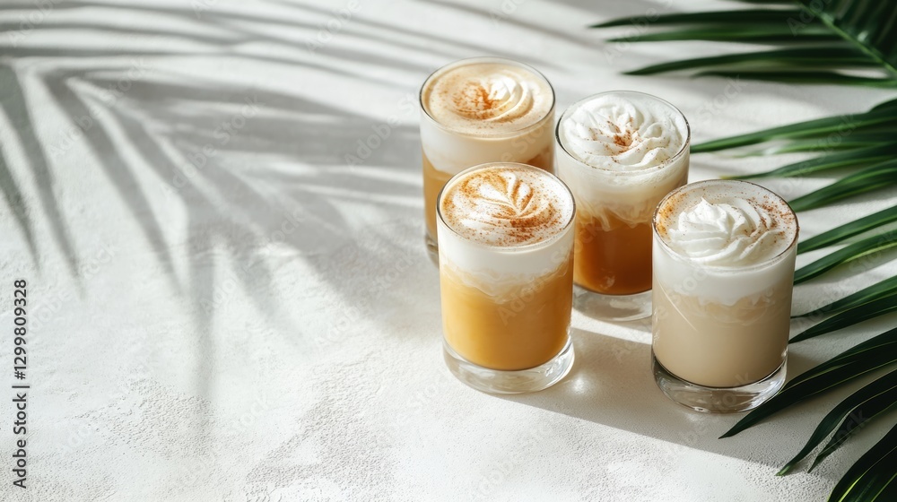 Delicious Creamy Coffee Beverages with Whipped Topping on Table Delicious Creamy Coffee Beverages with Whipped Topping on Table