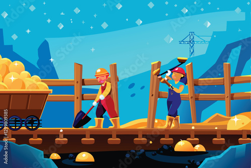 A whimsical cartoon illustration of a bustling gold mine, showcasing vibrant colors, cartoon miners, and glittering gold nuggets.