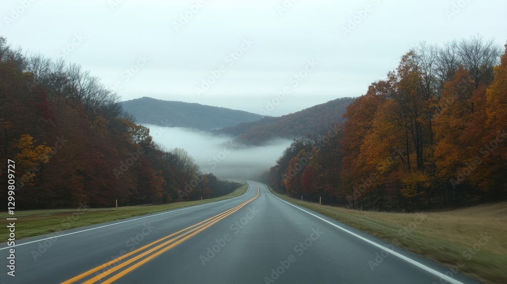 Serene Autumn Road Through Foggy Mountains with Colorful Trees Serene Autumn Road Through Foggy Mountains with Colorful Trees