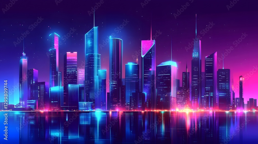 A high-tech cityscape at night illuminated by neon blue and purple lights, with chrome-plated skyscrapers reflecting the vibrant hues, creating a cyberpunk-inspired atmosphere A high-tech cityscape at night illuminated by neon blue and purple lights, with chrome-plated skyscrapers reflecting the vibrant hues, creating a cyberpunk-inspired atmosphere