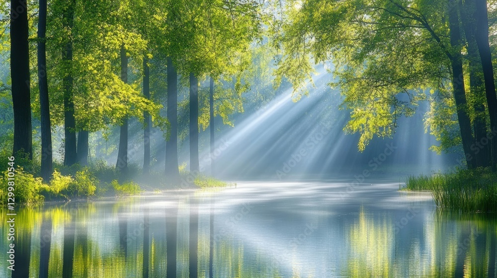 Tranquil Forest Scene with Sunlight Rays Reflecting on Water Tranquil Forest Scene with Sunlight Rays Reflecting on Water