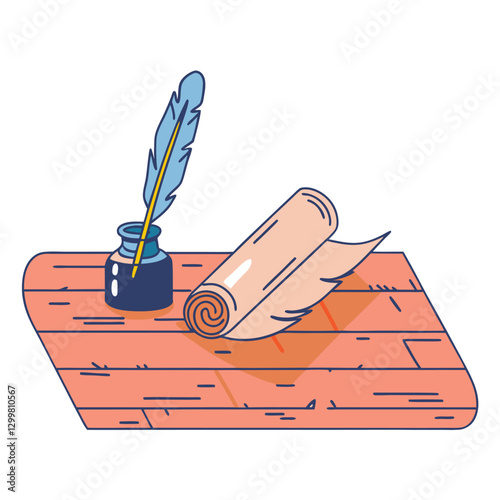 A detailed close-up of a vintage quill pen and inkwell set beside a rolled-up parchment or manuscript, suggesting historical writing or storytelling.