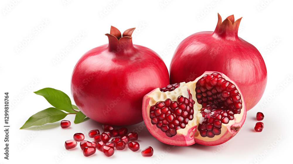Fresh ripe pomegranate with green leaves isolated on white background. Fresh ripe pomegranate with green leaves isolated on white background.