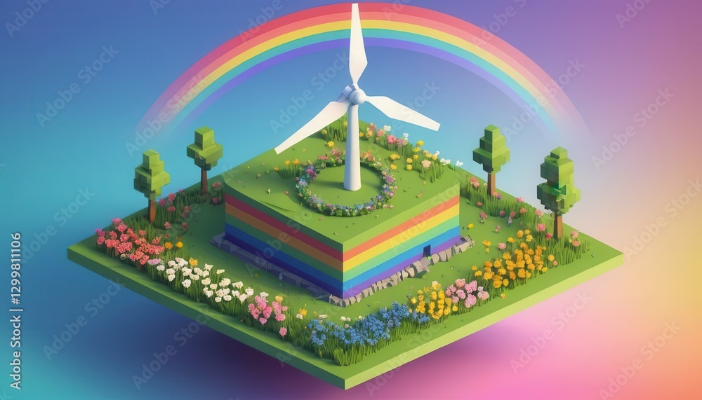 Colorful 3D Landscape with Wind Turbine Surrounded by Flowers and Rainbow, Representing Sustainability and Eco-Friendly Concepts in Modern Design Colorful 3D Landscape with Wind Turbine Surrounded by Flowers and Rainbow, Representing Sustainability and Eco-Friendly Concepts in Modern Design