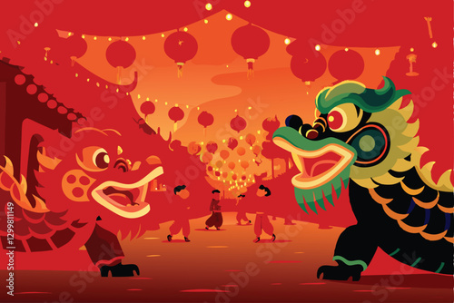 A vibrant, whimsical cartoon illustration of a Chinese New Year parade featuring dancing dragons, lion dancers, and festive lanterns.  Include rich colors and playful character designs.