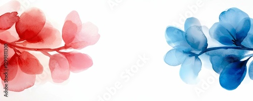 Watercolor Botanical Harmony Featuring Red Hues Contrasting with Tranquil Blue Shades and Delicate Leaves photo