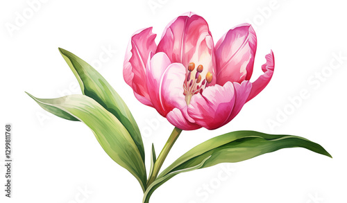 Watercolor pink tulip flower illustration with a single bloom and vibrant green leaves