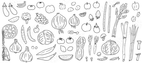 野菜と果物の手書きベクターイラストセット。農作物の線画アイコン。