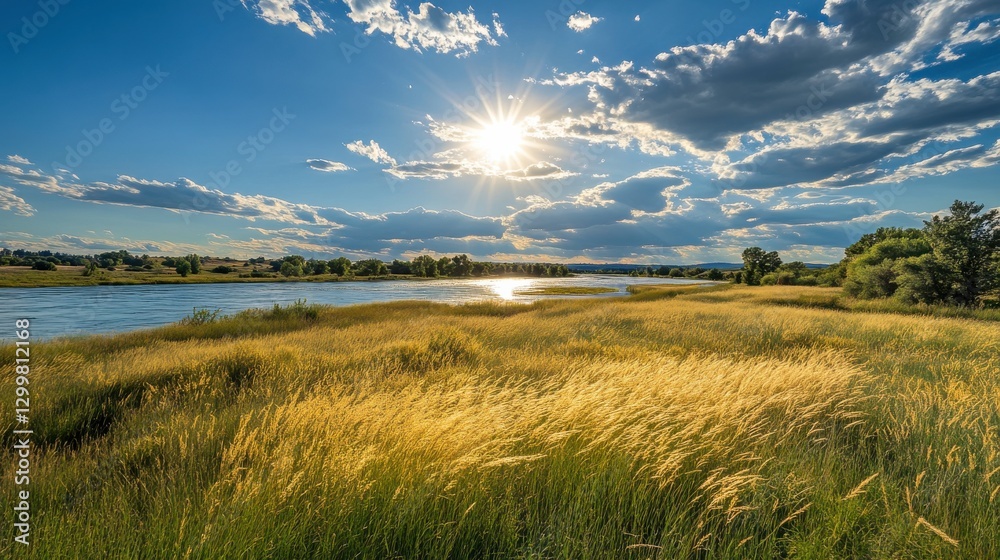 Obraz premium Glowing Riverbanks Under Sunlight in Rural Landscape