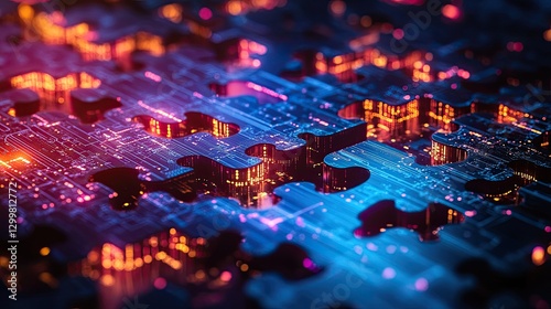 Microservices Integration: An abstract representation of puzzle pieces interlocking with circuit patterns, illustrating the concept of microservices integration in modern software architecture.