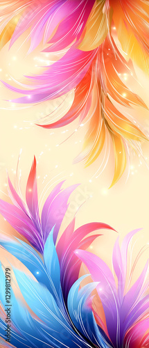 Colorful feathery design with a yellow and orange stripe. The design is very colorful and vibrant