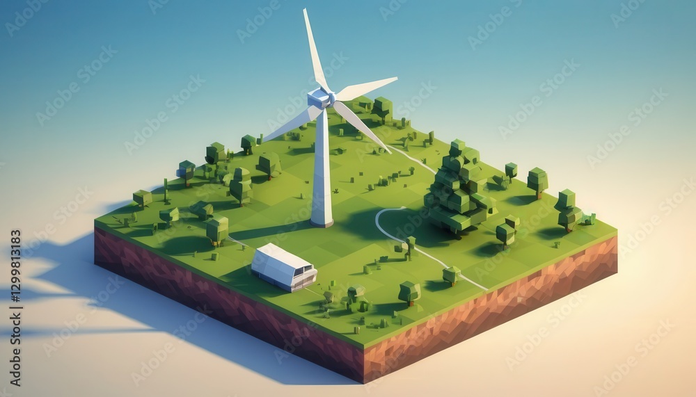 Obraz premium Wind Energy Landscape Featuring Wind Turbine, Green Grass, Trees, and Minimalist House in Isometric Design with Soft Blue Background and Bright Lighting