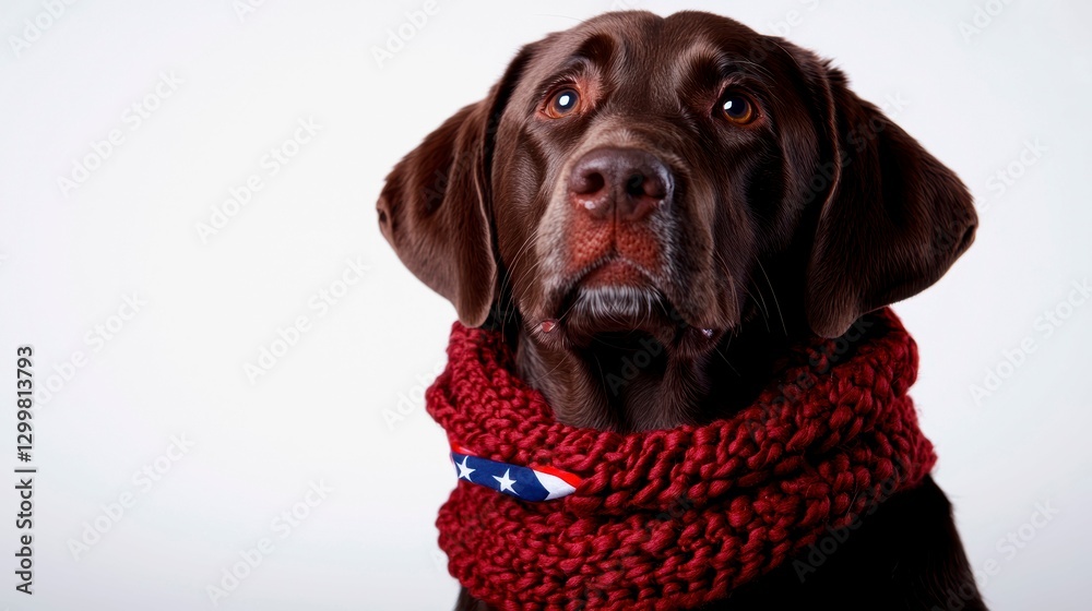 Fototapeta premium Chocolate Labrador Wearing Red Knit Scarf Against White Background