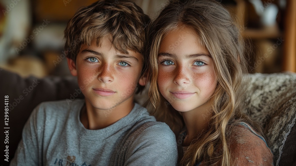 Teenage siblings reconciling after argument, subtle smiles breaking through, casual home setting Teenage siblings reconciling after argument, subtle smiles breaking through, casual home setting