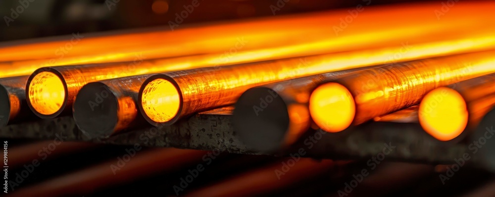 Naklejka premium Hot Metal Rods in Industrial Setting Steel Manufacturing Glowing Red Heat Intense Processing Factory