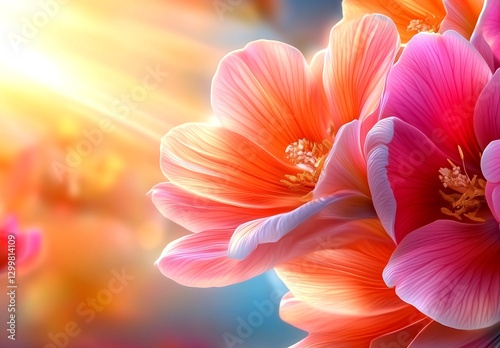 Beautiful, colorful flowers and pink hair in the background, with pastel colors, a blurred background, soft light, a bokeh effect, close-up